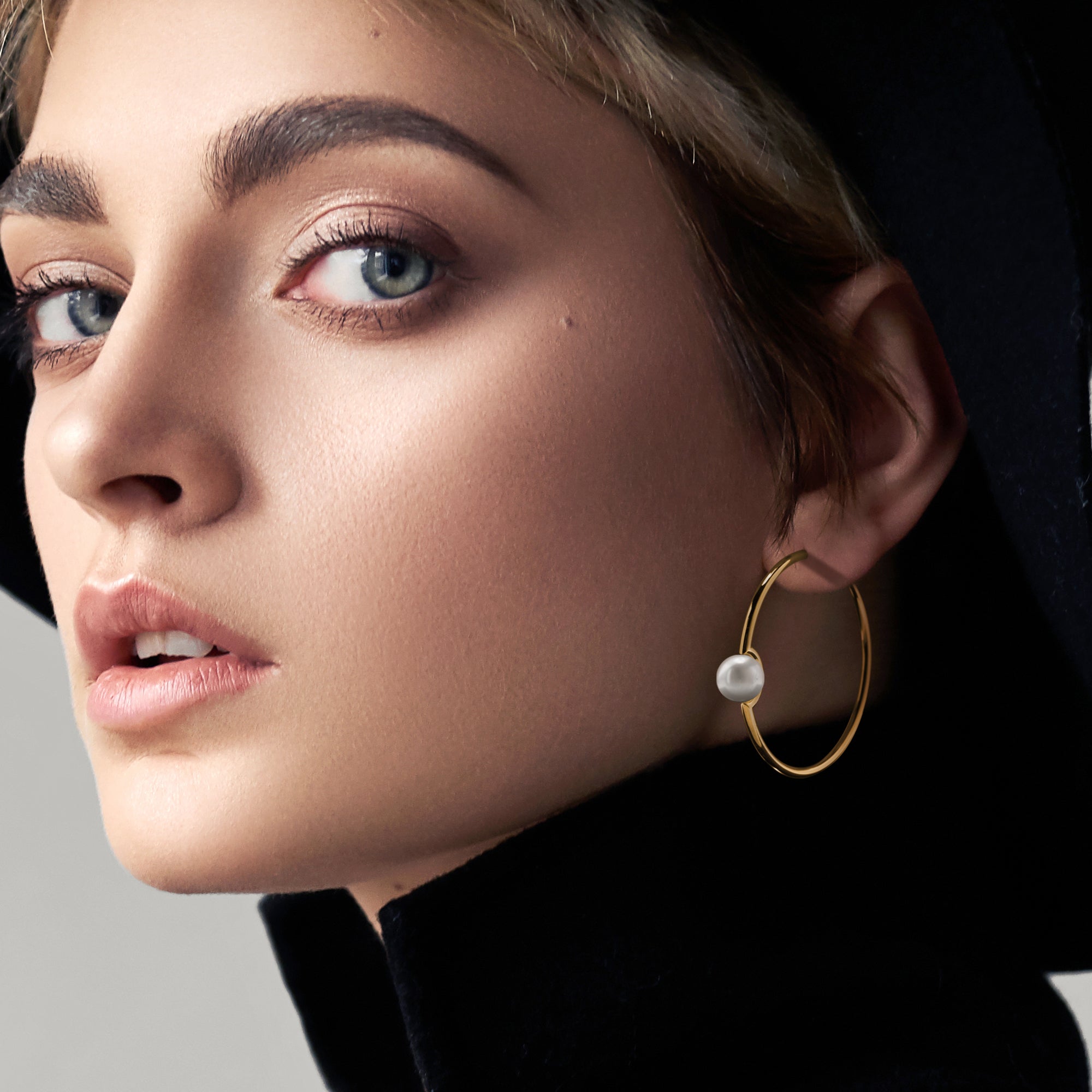 Slender Hoop Earrings With Perched Freshwater Pearl Gold